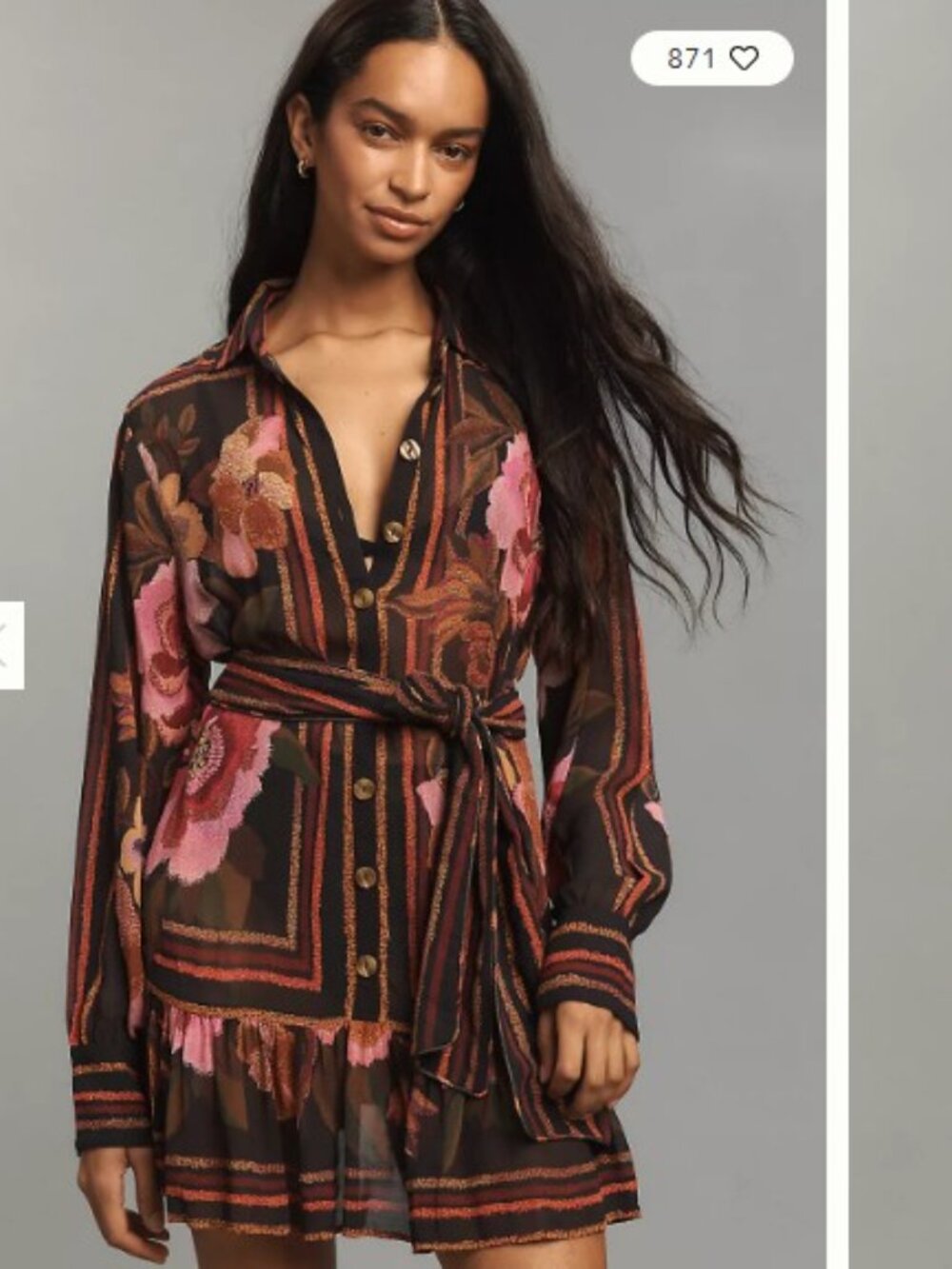 Farm Rio Black Chenille Flowers Belted Long Sleeve Mini Dress XS